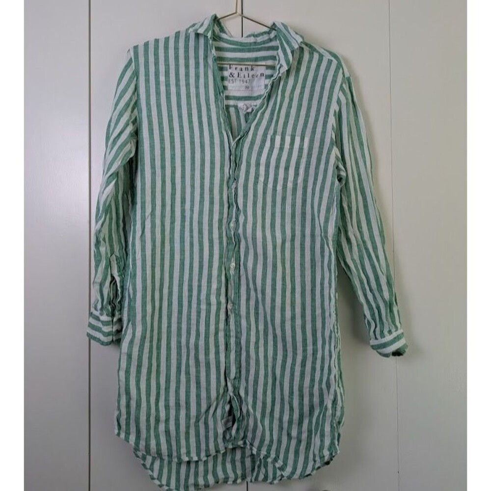 FRANK & EILEEN Green Linen Vertical Stripe Shirt Dress Women Size XS